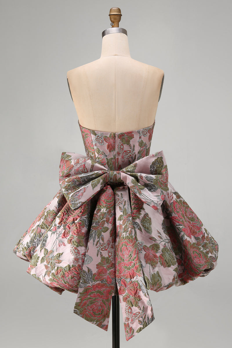 Laden Sie das Bild in den Galerie-Viewer, A-Linie Pink Sweetheart Jacquard Blumen Kurzes Abendkleid mit Schleife