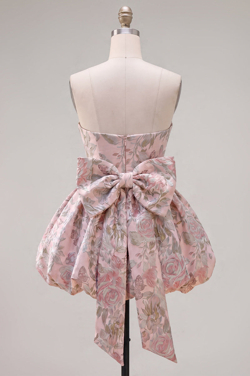 Laden Sie das Bild in den Galerie-Viewer, A-Linie Pink Sweetheart Jacquard Blumen Kurzes Abendkleid mit Schleife