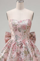 Laden Sie das Bild in den Galerie-Viewer, A-Linie Pink Sweetheart Jacquard Blumen Kurzes Abendkleid mit Schleife