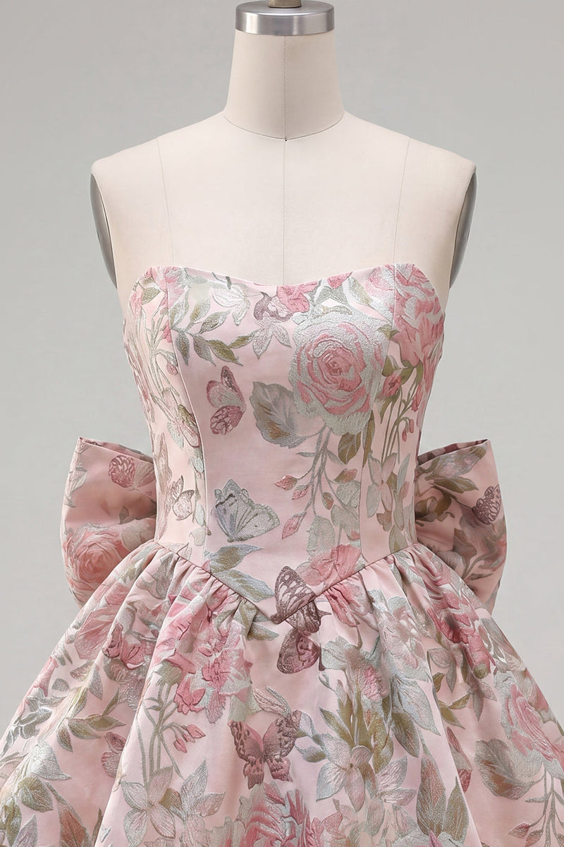 Laden Sie das Bild in den Galerie-Viewer, A-Linie Pink Sweetheart Jacquard Blumen Kurzes Abendkleid mit Schleife
