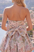 Laden Sie das Bild in den Galerie-Viewer, A-Linie Pink Sweetheart Jacquard Blumen Kurzes Abendkleid mit Schleife