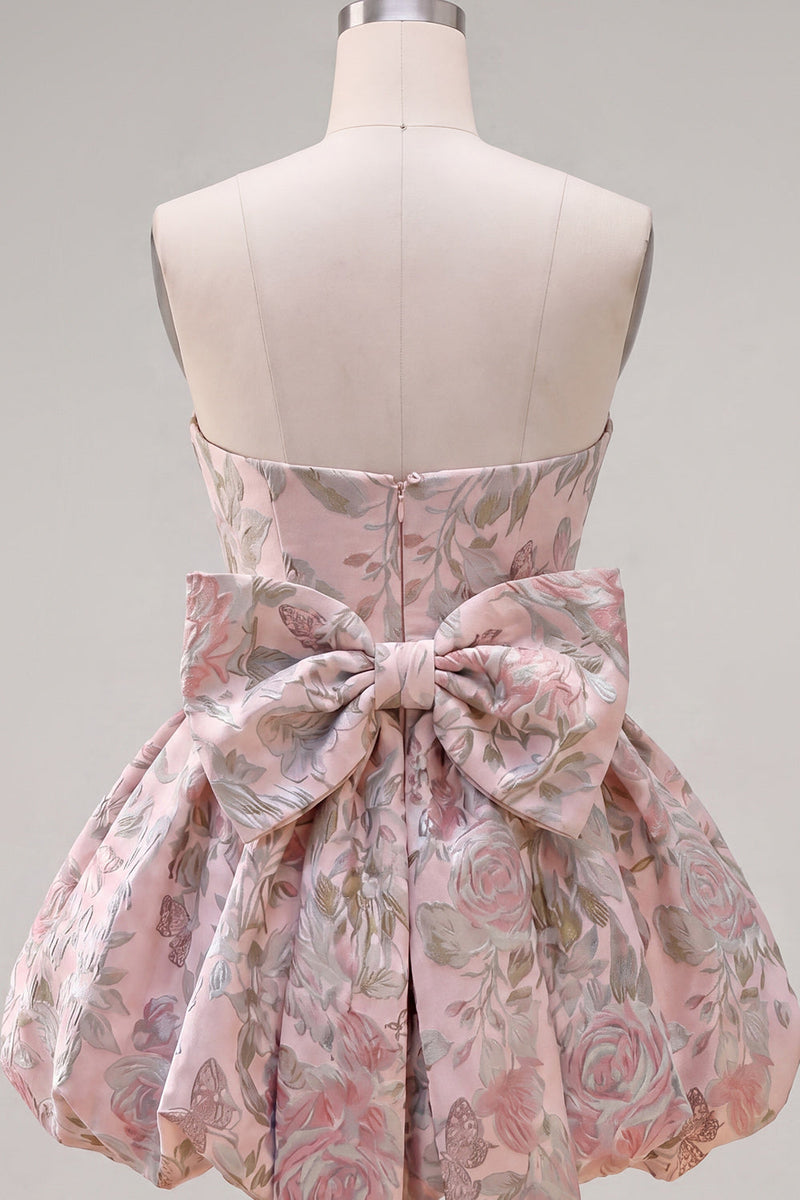 Laden Sie das Bild in den Galerie-Viewer, A-Linie Pink Sweetheart Jacquard Blumen Kurzes Abendkleid mit Schleife