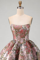 Laden Sie das Bild in den Galerie-Viewer, A-Linie Pink Sweetheart Jacquard Blumen Kurzes Abendkleid mit Schleife