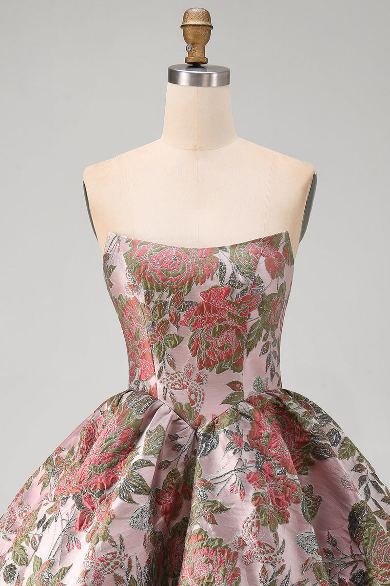 Laden Sie das Bild in den Galerie-Viewer, A-Linie Pink Sweetheart Jacquard Blumen Kurzes Abendkleid mit Schleife