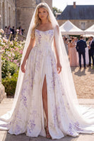 Laden Sie das Bild in den Galerie-Viewer, Weiße Lila Blume A-Linie Korsett-Sweep-Zug Strand-Hochzeitskleid mit Schleiern