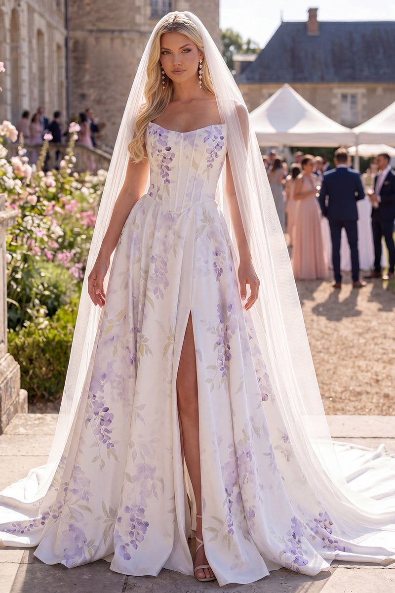 Laden Sie das Bild in den Galerie-Viewer, Weiße Lila Blume A-Linie Korsett-Sweep-Zug Strand-Hochzeitskleid mit Schleiern