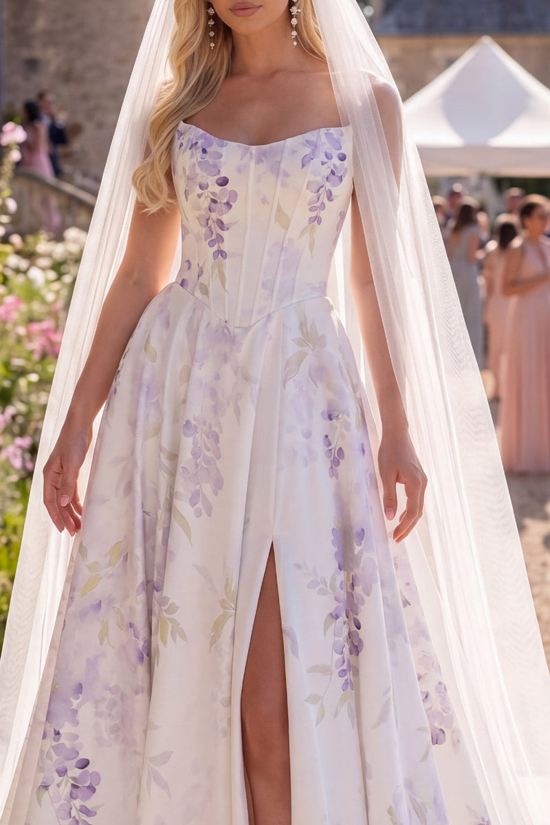 Laden Sie das Bild in den Galerie-Viewer, Weiße Lila Blume A-Linie Korsett-Sweep-Zug Strand-Hochzeitskleid mit Schleiern