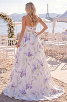 Laden Sie das Bild in den Galerie-Viewer, White Purple Flower A-Linie geraffte Sweep Sleep Strand-Hochzeitskleid mit Schlitz