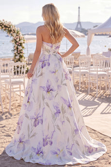 Weiß-lila Blume A-Linie Gerafftes Sweep Schleppe Strand-Hochzeitskleid mit Schlitz