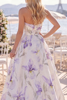 Laden Sie das Bild in den Galerie-Viewer, White Purple Flower A-Linie geraffte Sweep Sleep Strand-Hochzeitskleid mit Schlitz