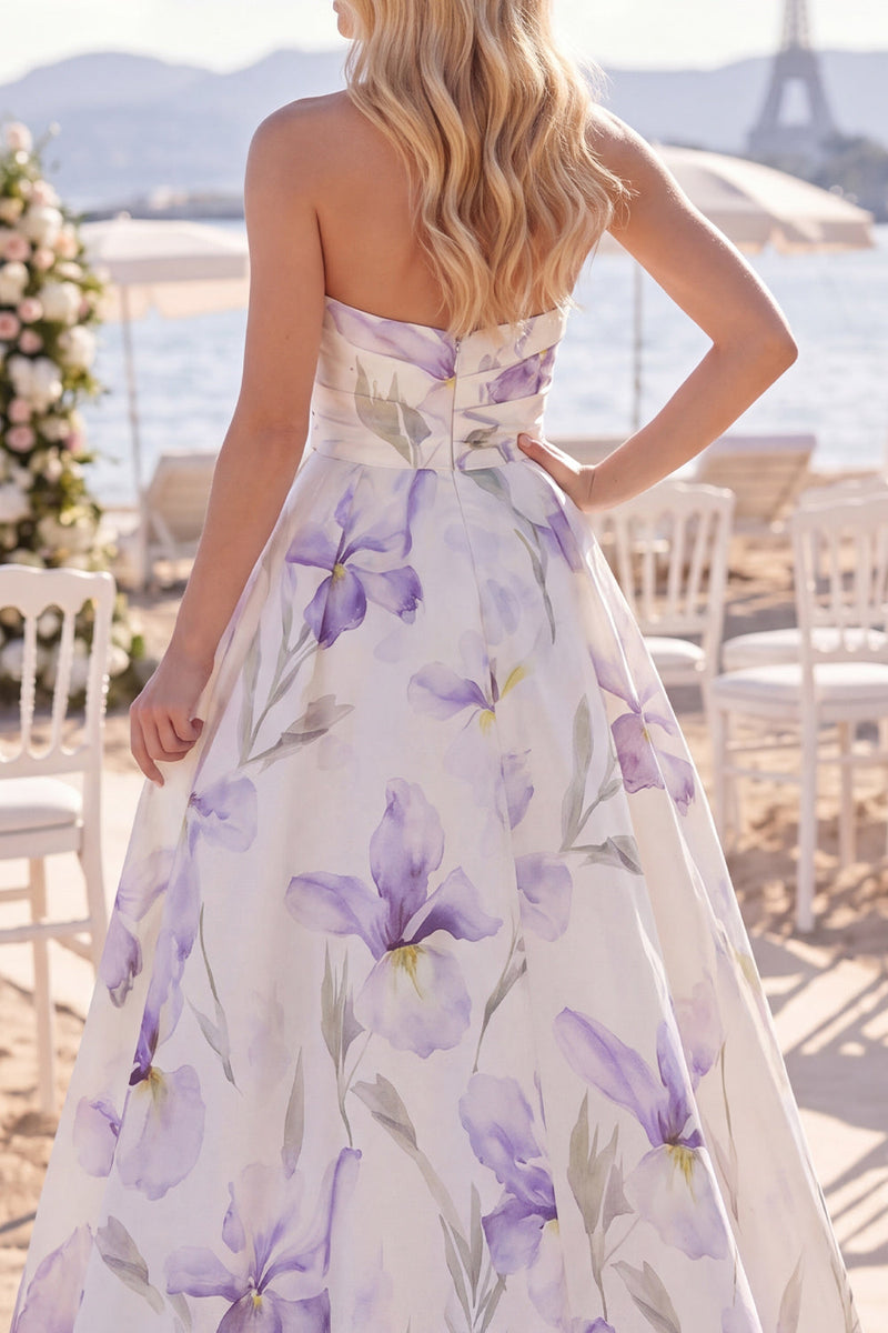 Laden Sie das Bild in den Galerie-Viewer, White Purple Flower A-Linie geraffte Sweep Sleep Strand-Hochzeitskleid mit Schlitz
