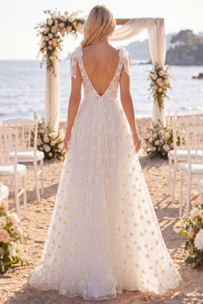 Weißes Blumen A-Linie V-Ausschnitt Strand Hochzeitskleid mit Schleifen