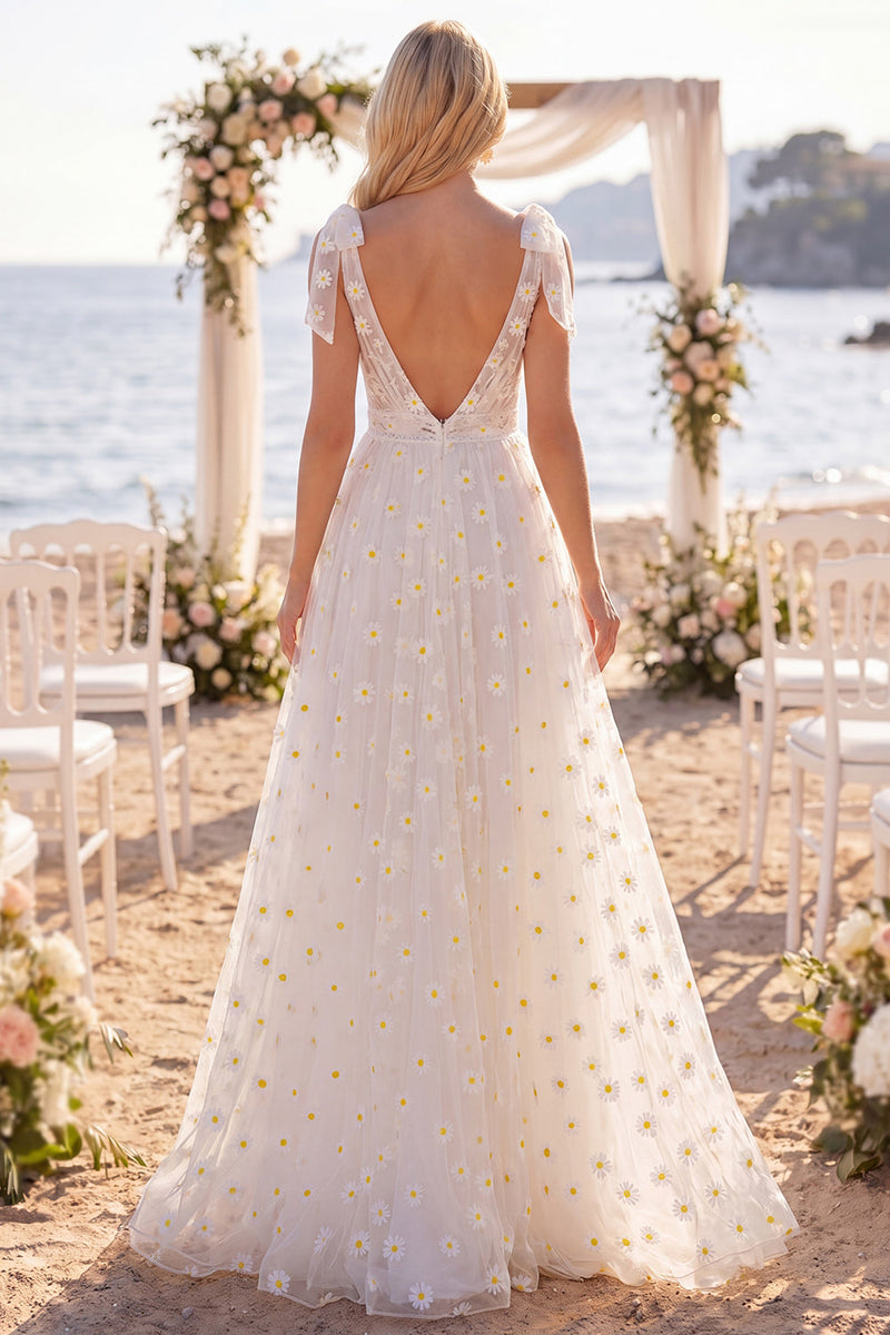 Laden Sie das Bild in den Galerie-Viewer, Weißes Blumen-A-Linie V-Ausschnitt Schlage-Strandhochzeitskleid mit Schleifen
