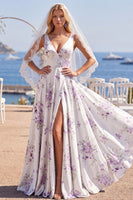 Laden Sie das Bild in den Galerie-Viewer, Weiße lila Blume V-Ausschnitt A-Linie Sweep Sleep Beach Hochzeitskleid mit Schleiern