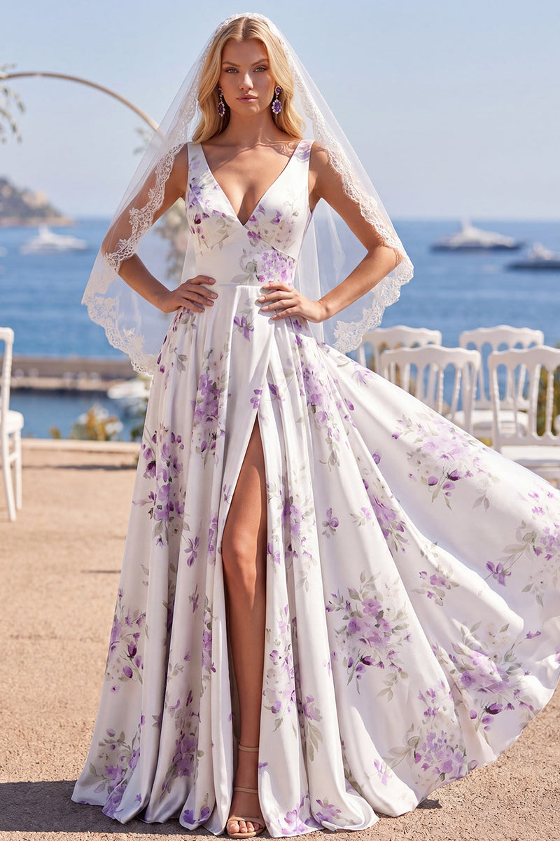 Laden Sie das Bild in den Galerie-Viewer, Weiße lila Blume V-Ausschnitt A-Linie Sweep Sleep Beach Hochzeitskleid mit Schleiern