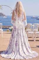 Laden Sie das Bild in den Galerie-Viewer, Weiße lila Blume V-Ausschnitt A-Linie Sweep Sleep Beach Hochzeitskleid mit Schleiern