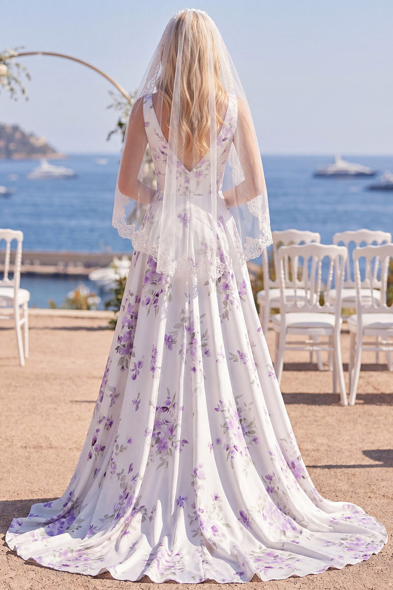 Laden Sie das Bild in den Galerie-Viewer, Weiße lila Blume V-Ausschnitt A-Linie Sweep Sleep Beach Hochzeitskleid mit Schleiern