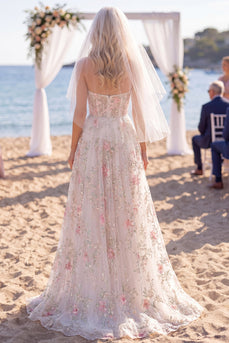 Glitzerndes Weißes Rosa Blumen Träger A Linie Sweep Schleppe Hochzeitskleid mit Schleiern
