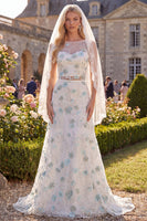 Laden Sie das Bild in den Galerie-Viewer, Weiß-grünes Blumen-Zweiteiler-Bootshals-Schlepp-Brautkleid mit Schleiern