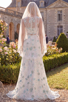 Weiß-grünes Blumen- Zweiteiler Bootshals Brautkleid mit Schleiern