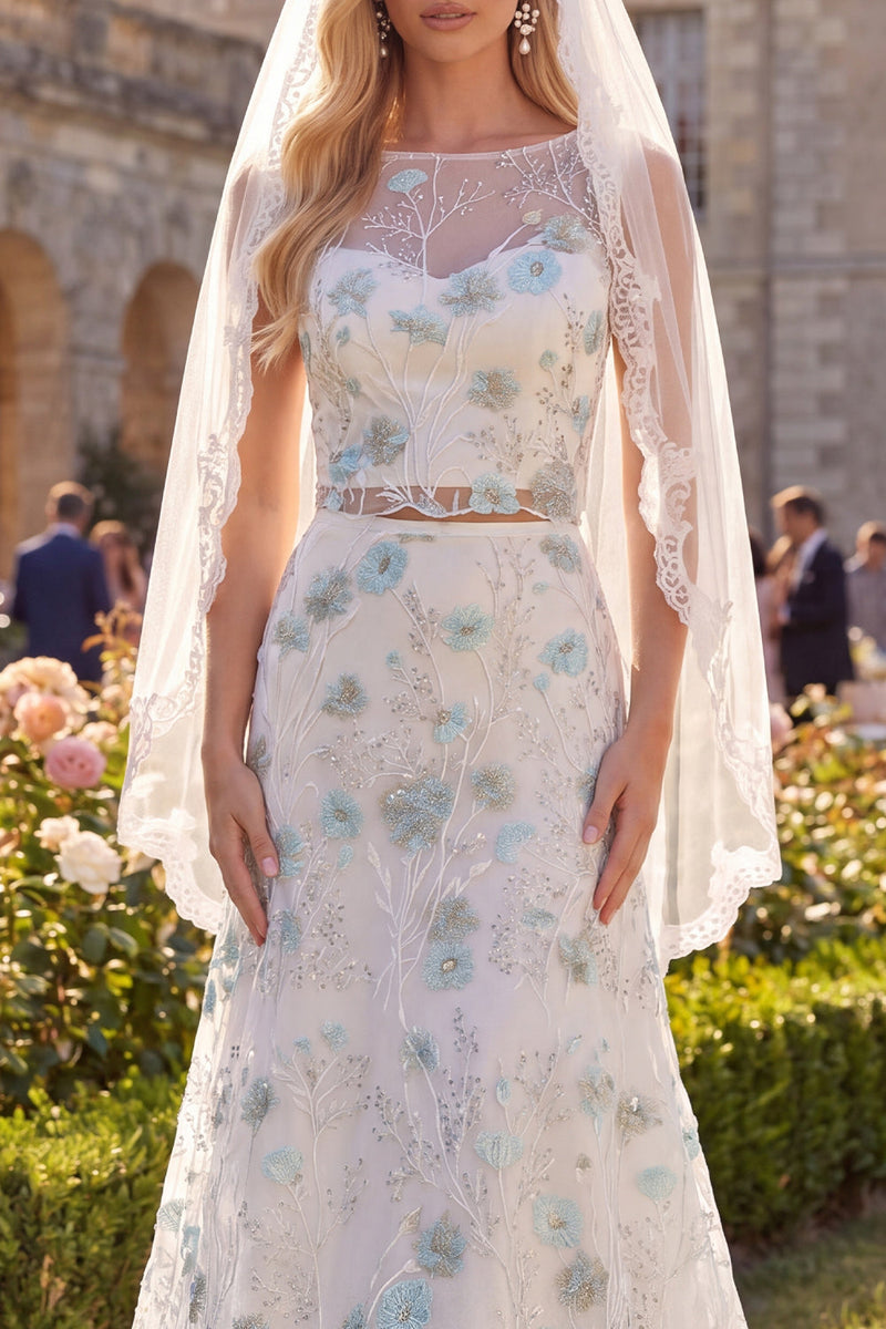 Laden Sie das Bild in den Galerie-Viewer, Weiß-grünes Blumen-Zweiteiler-Bootshals-Schlepp-Brautkleid mit Schleiern