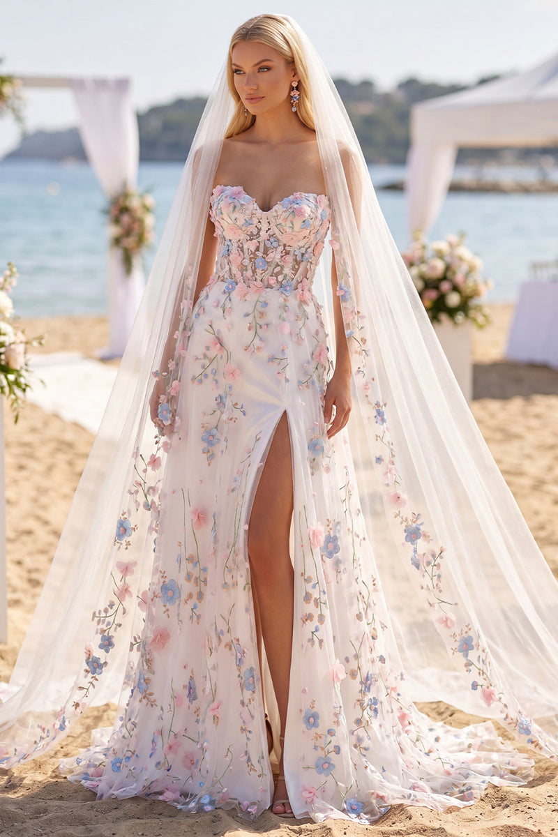 Laden Sie das Bild in den Galerie-Viewer, White Pink Flower Sweetheart A-Linie Sweep Zug Korsett Hochzeitskleid mit Schleiern