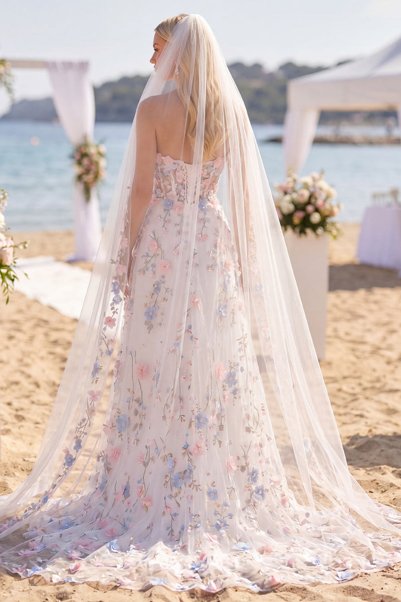 Laden Sie das Bild in den Galerie-Viewer, White Pink Flower Sweetheart A-Linie Sweep Zug Korsett Hochzeitskleid mit Schleiern