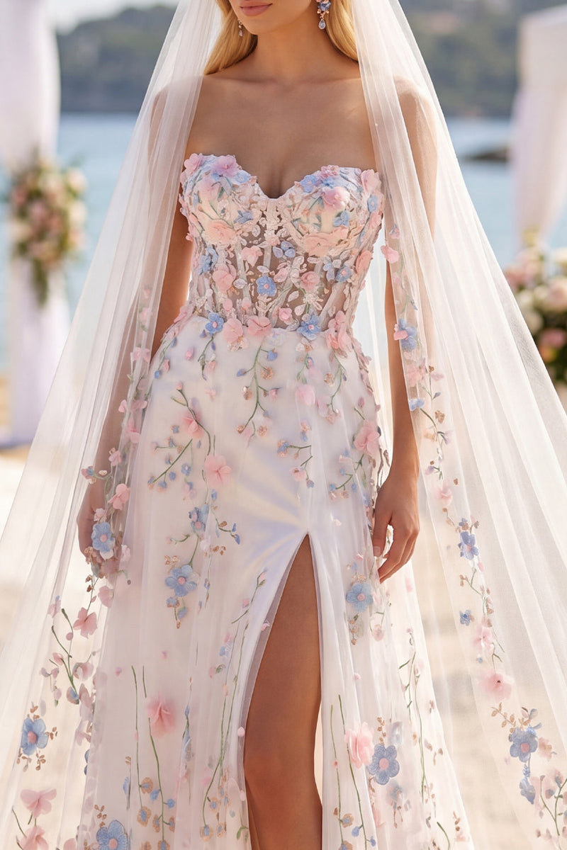 Laden Sie das Bild in den Galerie-Viewer, White Pink Flower Sweetheart A-Linie Sweep Zug Korsett Hochzeitskleid mit Schleiern
