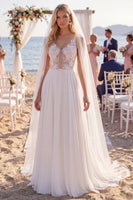 Laden Sie das Bild in den Galerie-Viewer, Weißes florales Chiffon A-Linie V-Ausschnitt Sweep-Zug Schlüsselloch-Strand-Hochzeitskleid mit Schleiern