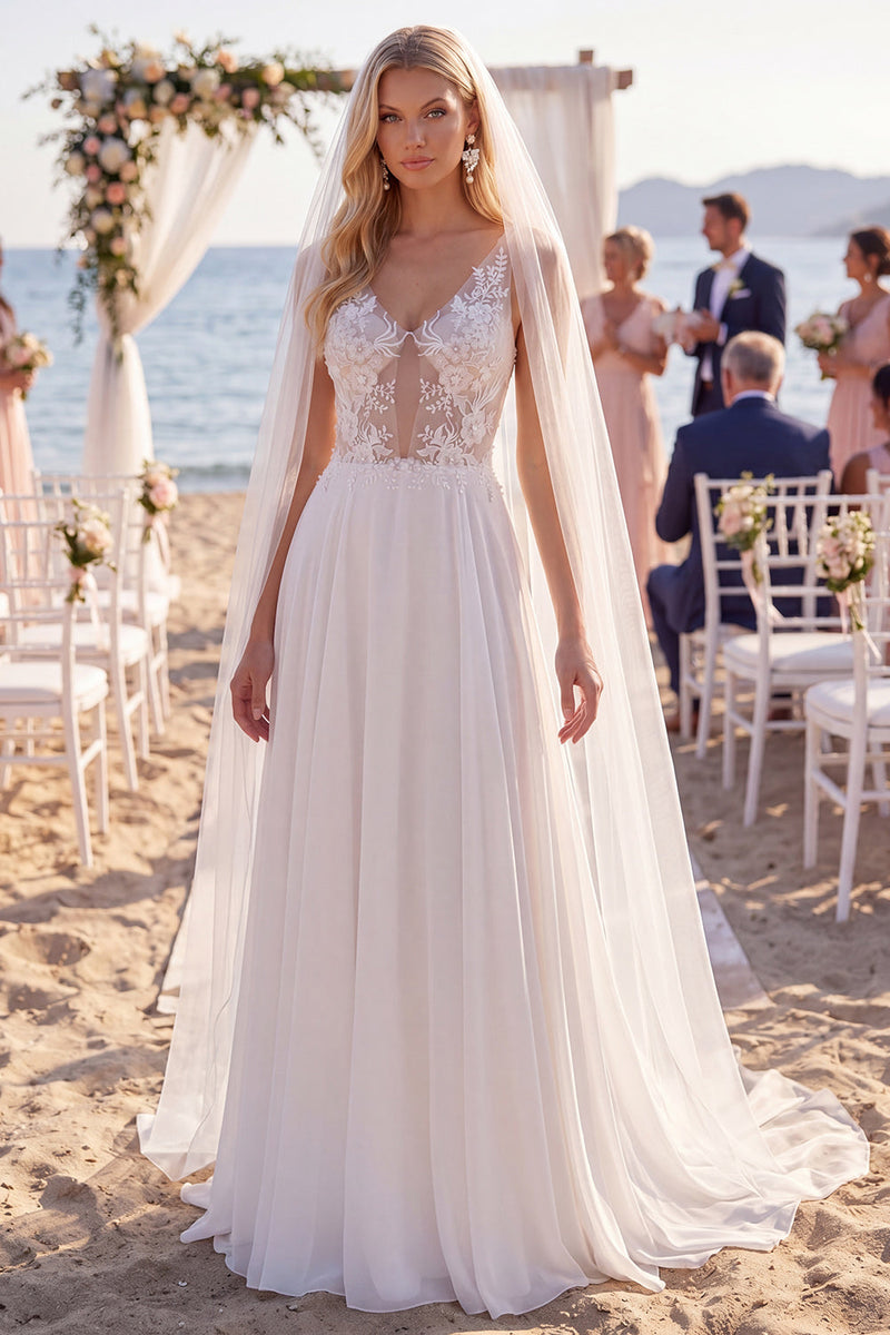 Laden Sie das Bild in den Galerie-Viewer, Weißes florales Chiffon A-Linie V-Ausschnitt Sweep-Zug Schlüsselloch-Strand-Hochzeitskleid mit Schleiern