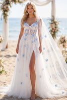 Laden Sie das Bild in den Galerie-Viewer, Weiß-blau-Blumen-Perlen-A-Line-Sweep-Korsett-Korsett-Hochzeitskleid mit Schleiern