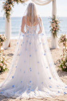 Laden Sie das Bild in den Galerie-Viewer, Weiß-blau-Blumen-Perlen-A-Line-Sweep-Korsett-Korsett-Hochzeitskleid mit Schleiern