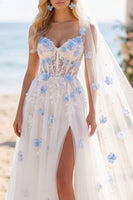 Laden Sie das Bild in den Galerie-Viewer, Weiß-blau-Blumen-Perlen-A-Line-Sweep-Korsett-Korsett-Hochzeitskleid mit Schleiern