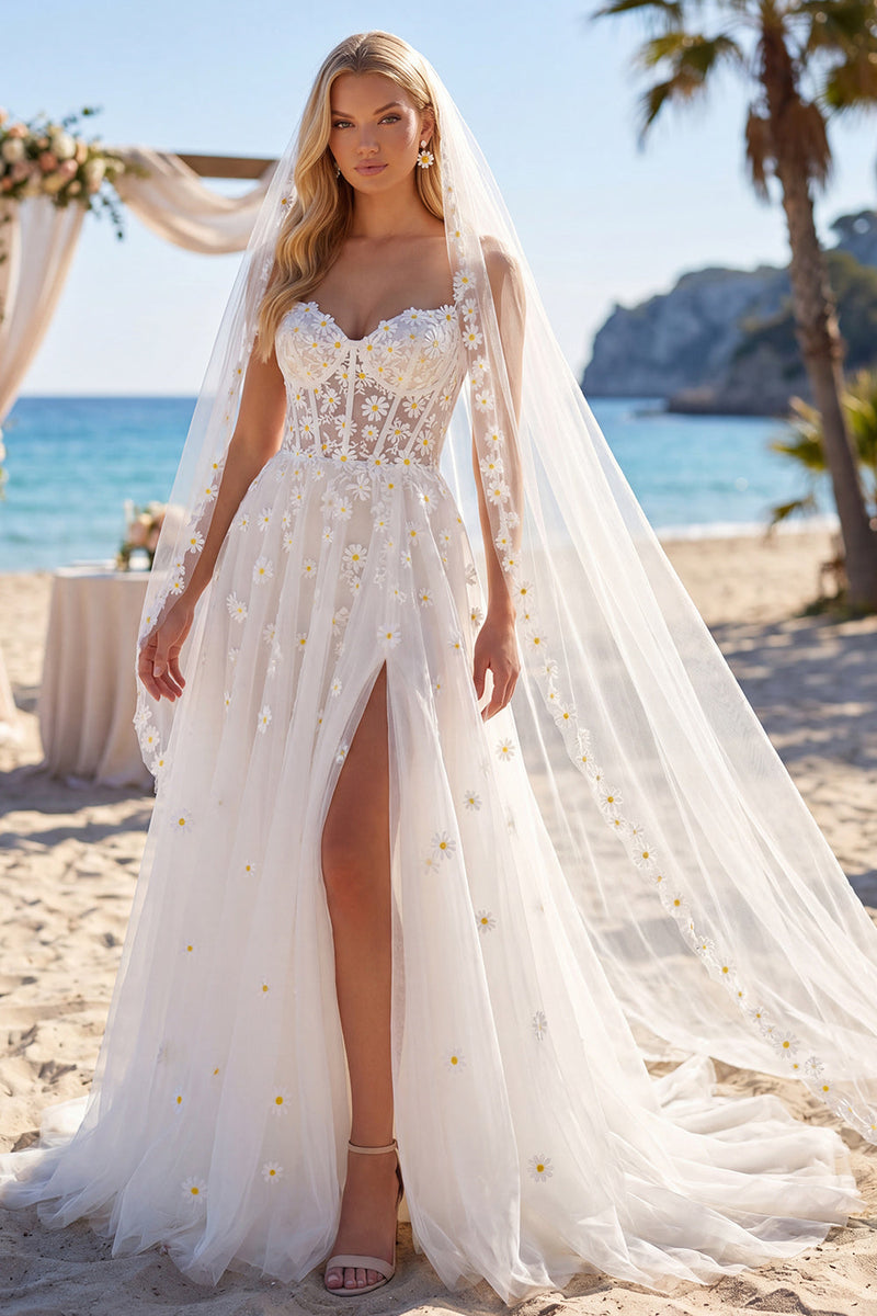 Laden Sie das Bild in den Galerie-Viewer, Blumenweißes Korsett A Line Sweep Sleep Sweetheart Beach Hochzeitskleid mit Schleiern