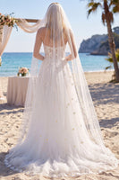 Laden Sie das Bild in den Galerie-Viewer, Blumenweißes Korsett A Line Sweep Sleep Sweetheart Beach Hochzeitskleid mit Schleiern