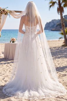 Blumen Weißes Korsett A Linie Sweep Schleppe Sweetheart Strand Hochzeitskleid mit Schleiern