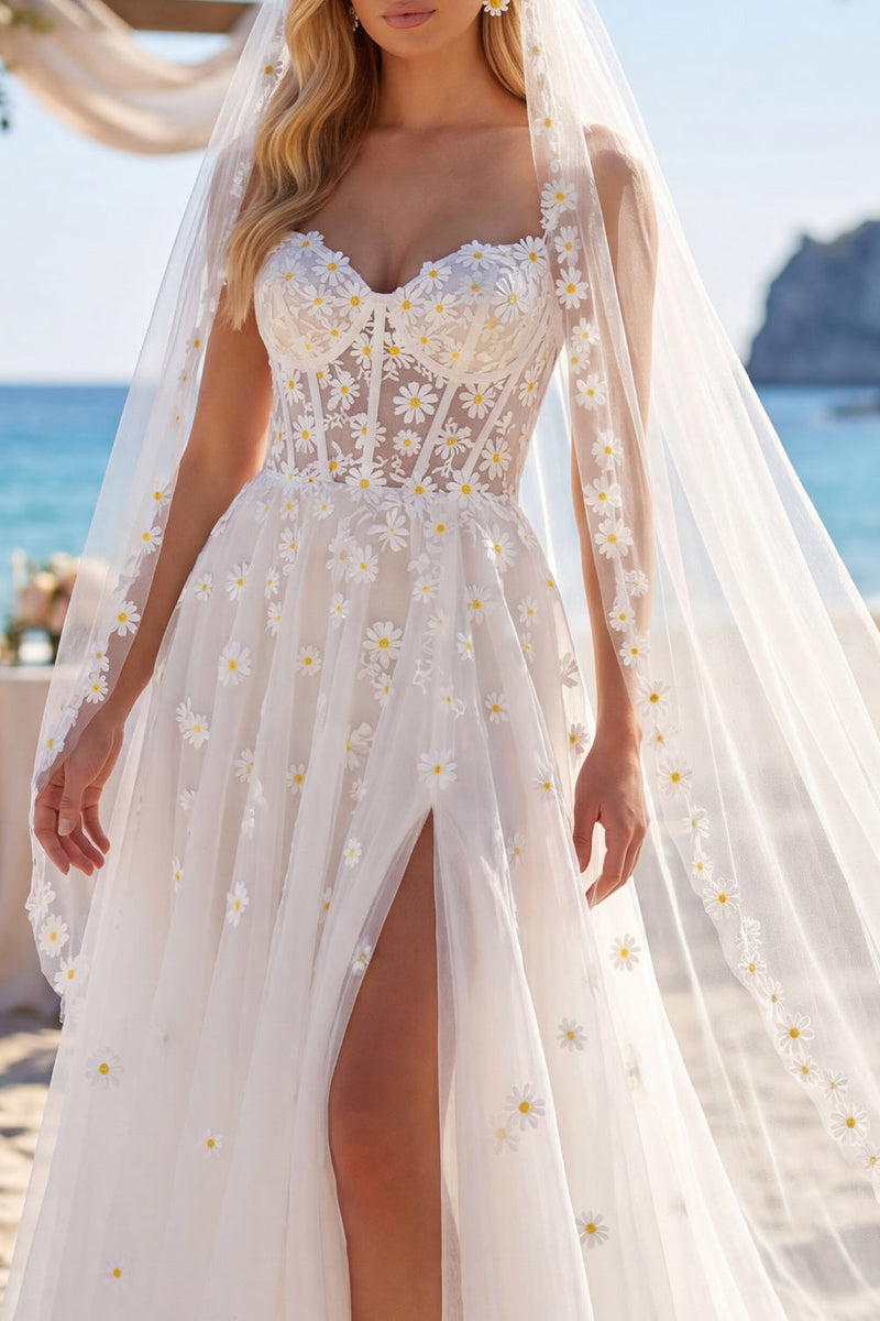 Laden Sie das Bild in den Galerie-Viewer, Blumenweißes Korsett A Line Sweep Sleep Sweetheart Beach Hochzeitskleid mit Schleiern