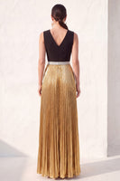 Laden Sie das Bild in den Galerie-Viewer, Schwarz Goldenes Plissierten V-Ausschnitt Festkleid mit Schlitz