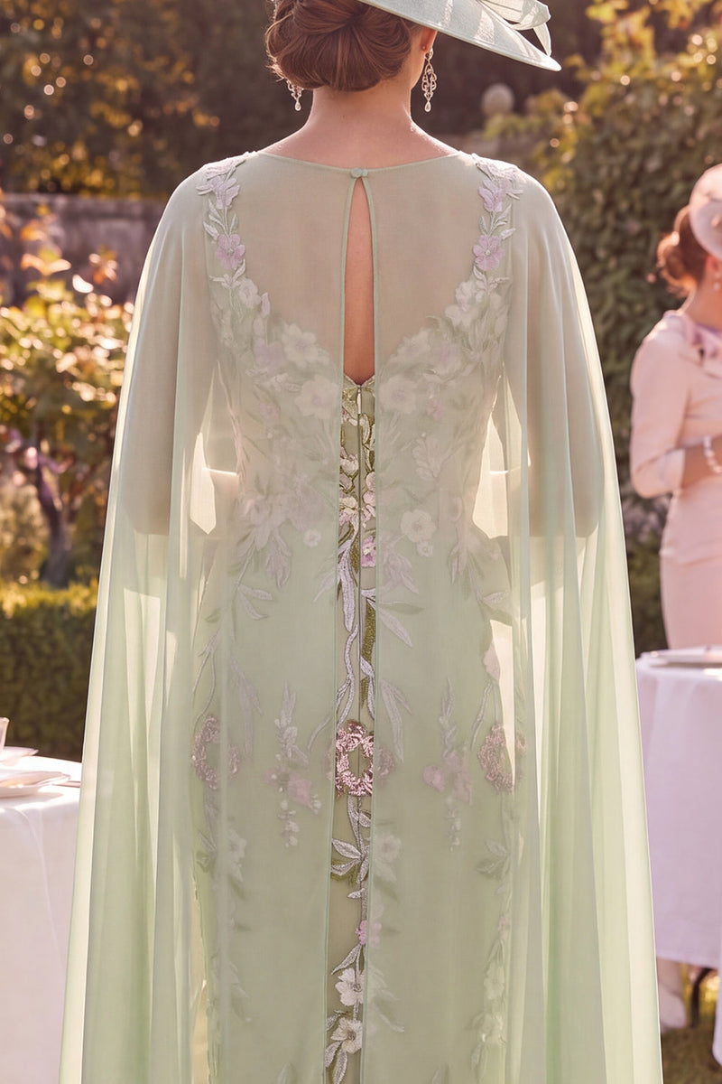 Laden Sie das Bild in den Galerie-Viewer, Grünes Bodycon-Applikiertes Blumen-Midi-Mutter-der-Braut-Kleid mit Umhang