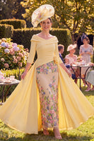 Laden Sie das Bild in den Galerie-Viewer, Gelber Blumen-Bodycon mit gerafftem langen Mutter-der-Braut-Kleid mit 3/4-Ärmeln