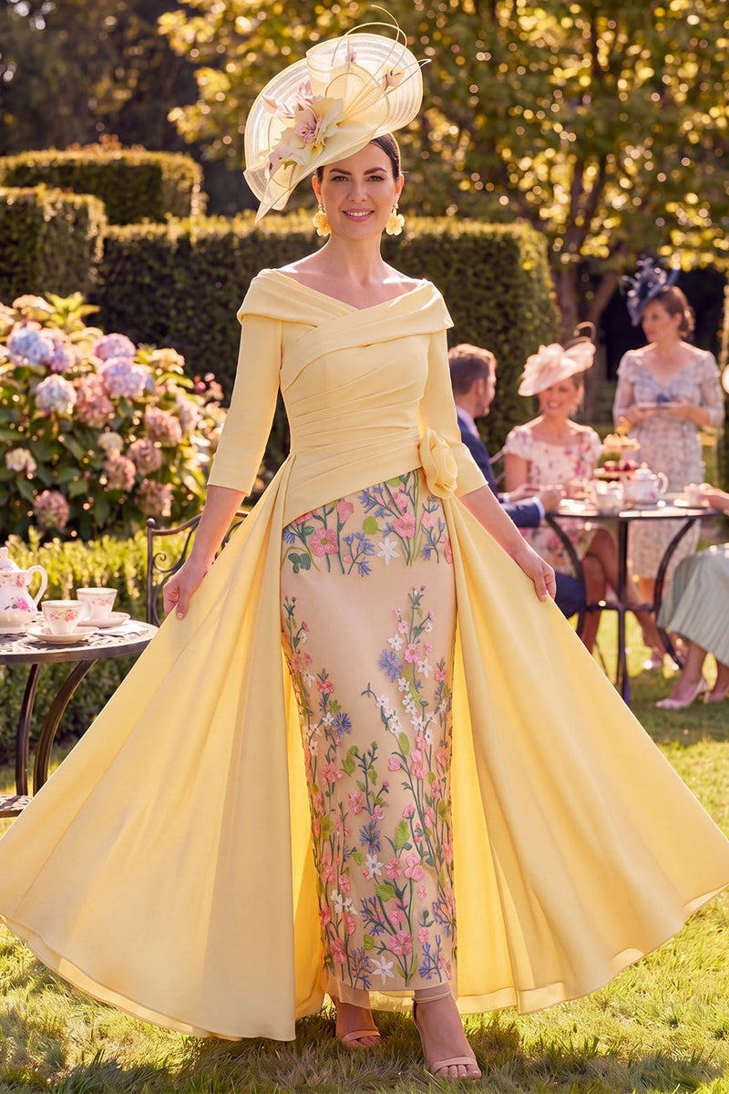 Laden Sie das Bild in den Galerie-Viewer, Gelber Blumen-Bodycon mit gerafftem langen Mutter-der-Braut-Kleid mit 3/4-Ärmeln