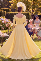 Laden Sie das Bild in den Galerie-Viewer, Gelber Blumen-Bodycon mit gerafftem langen Mutter-der-Braut-Kleid mit 3/4-Ärmeln
