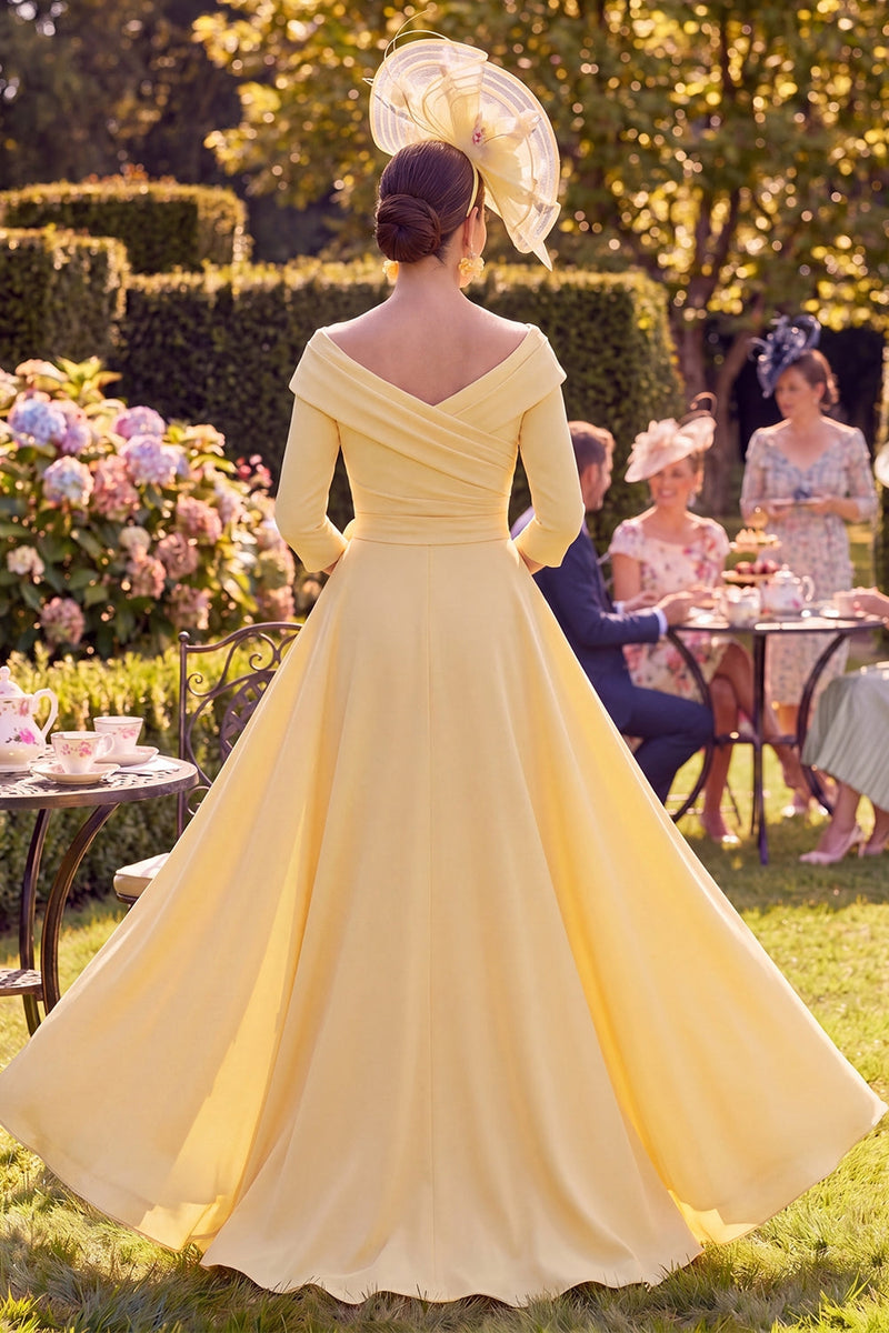 Laden Sie das Bild in den Galerie-Viewer, Gelber Blumen-Bodycon mit gerafftem langen Mutter-der-Braut-Kleid mit 3/4-Ärmeln