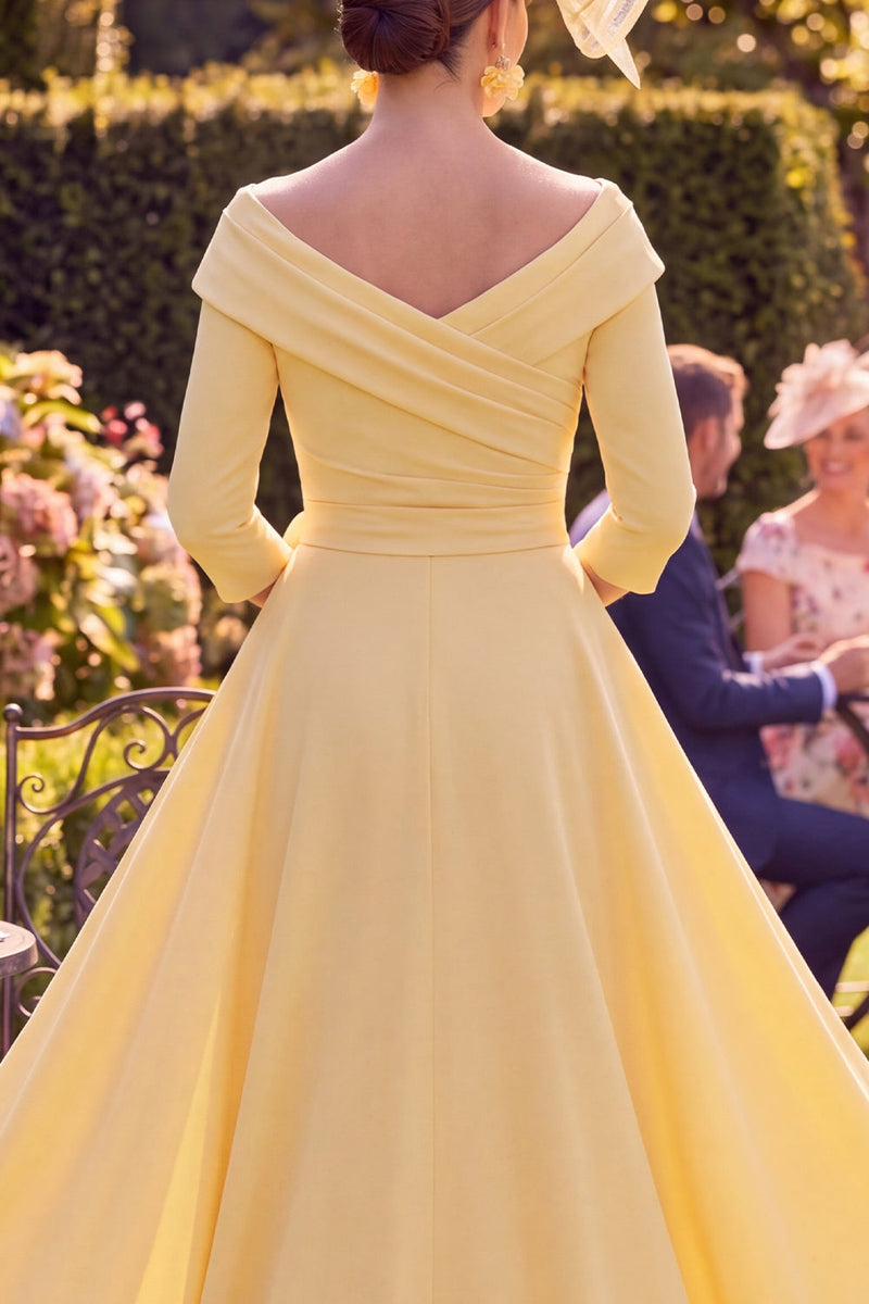 Laden Sie das Bild in den Galerie-Viewer, Gelber Blumen-Bodycon mit gerafftem langen Mutter-der-Braut-Kleid mit 3/4-Ärmeln