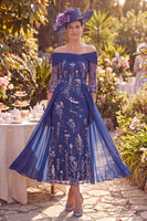 Laden Sie das Bild in den Galerie-Viewer, Off-the-shoulder navy geflowerte A-Linie gezockte Midi-Mutter der Braut Mutter der Braut mit 3/4 Ärmeln