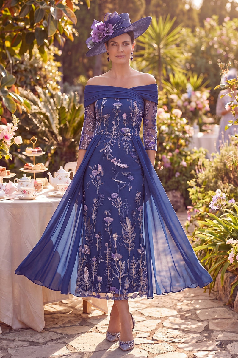 Laden Sie das Bild in den Galerie-Viewer, Off-the-shoulder navy geflowerte A-Linie gezockte Midi-Mutter der Braut Mutter der Braut mit 3/4 Ärmeln