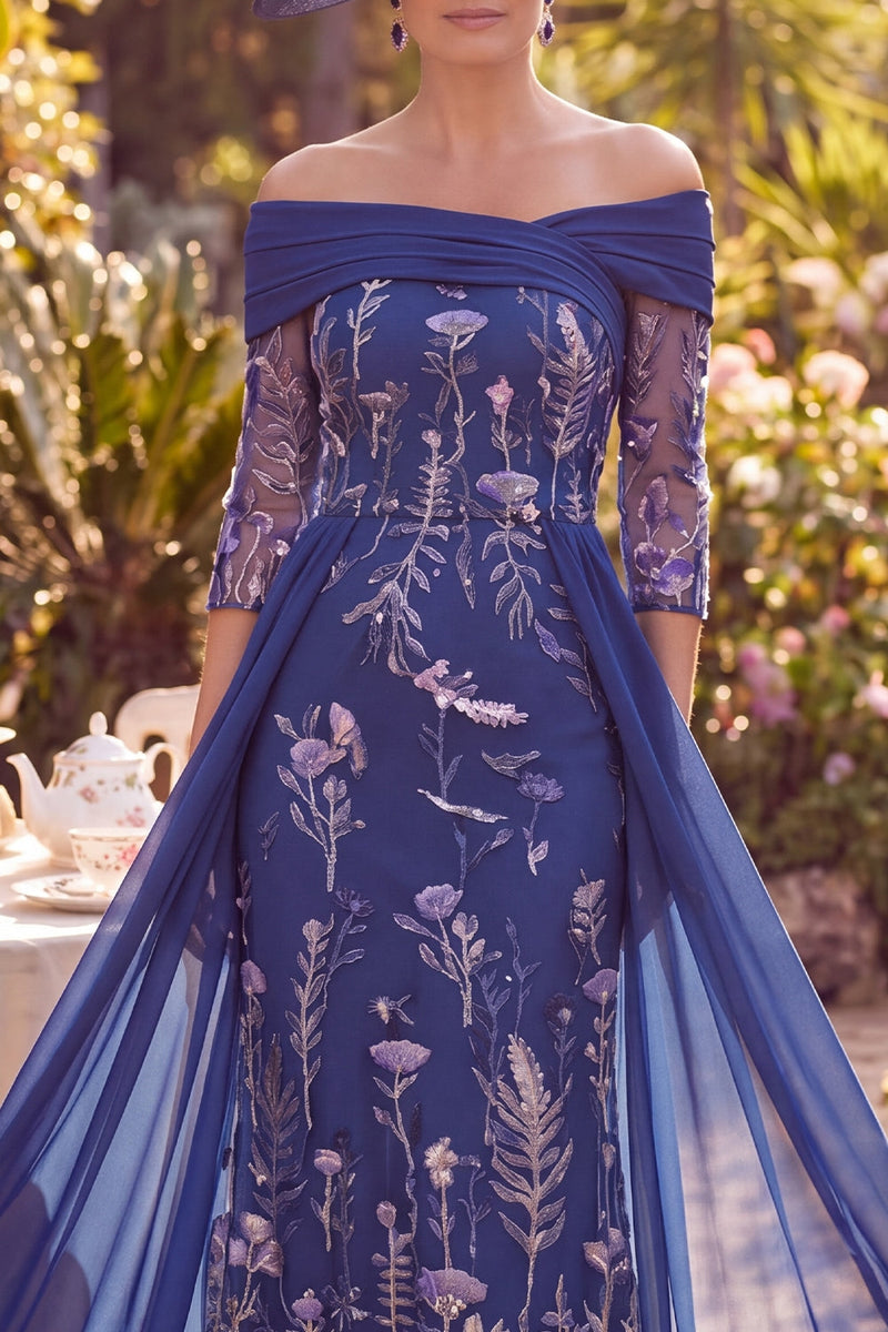 Laden Sie das Bild in den Galerie-Viewer, Off-the-shoulder navy geflowerte A-Linie gezockte Midi-Mutter der Braut Mutter der Braut mit 3/4 Ärmeln