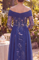 Laden Sie das Bild in den Galerie-Viewer, Off-the-shoulder navy geflowerte A-Linie gezockte Midi-Mutter der Braut Mutter der Braut mit 3/4 Ärmeln