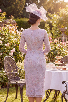Fliederfarbenes Blumen-Midi-Mutter-der-Braut-Mutter-der-Braut-Kleid mit Rundhals-Perlen und 3/4-Ärmeln