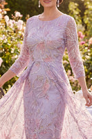 Laden Sie das Bild in den Galerie-Viewer, Fliederfarbenes Blumen-Midi-Mutter-der-Braut-Mutter-der-Braut-Kleid mit Rundhals-Perlen und 3/4-Ärmeln